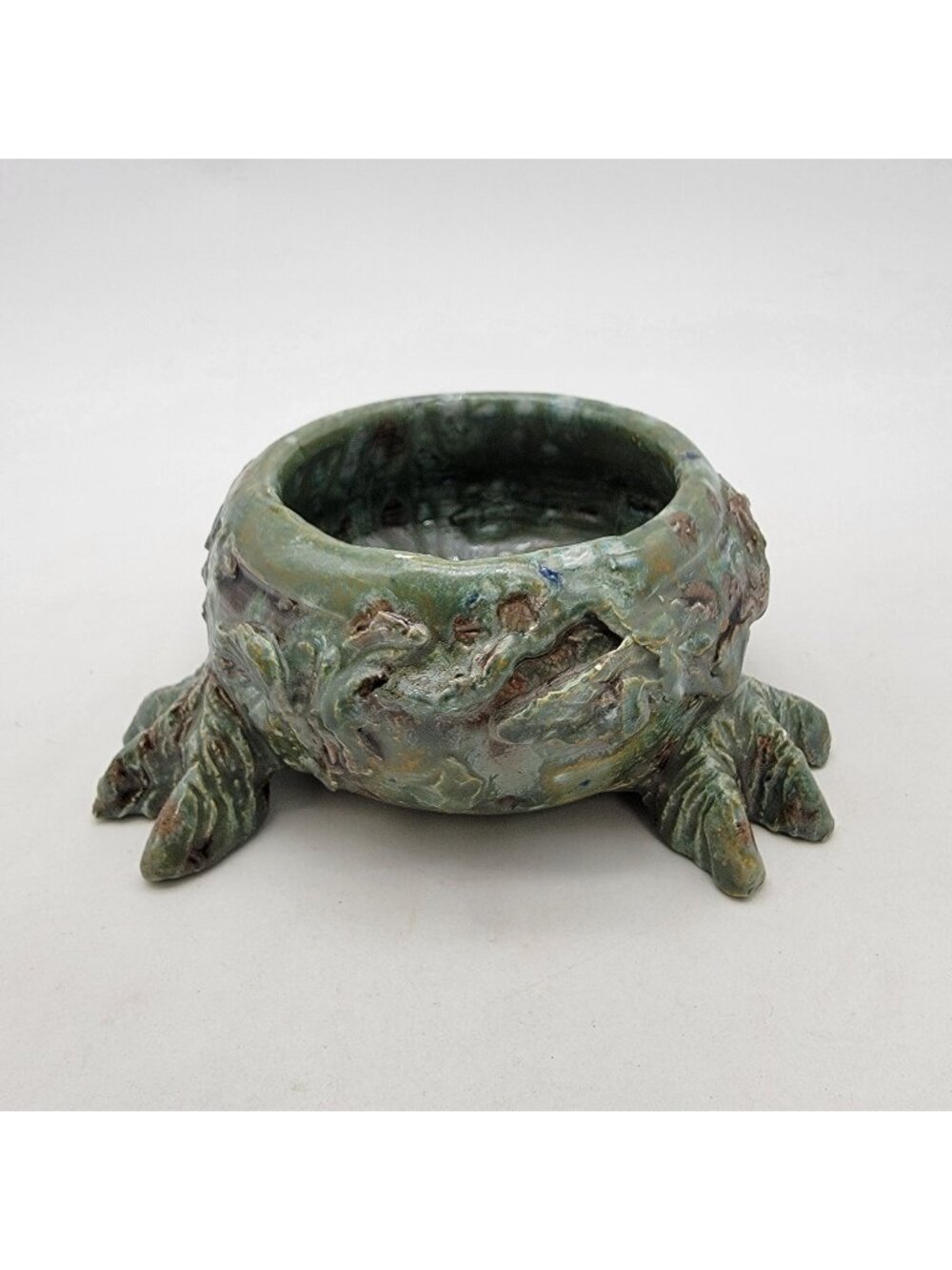 Vintage Green Majolica Art Pottery Footed Planter Bowl